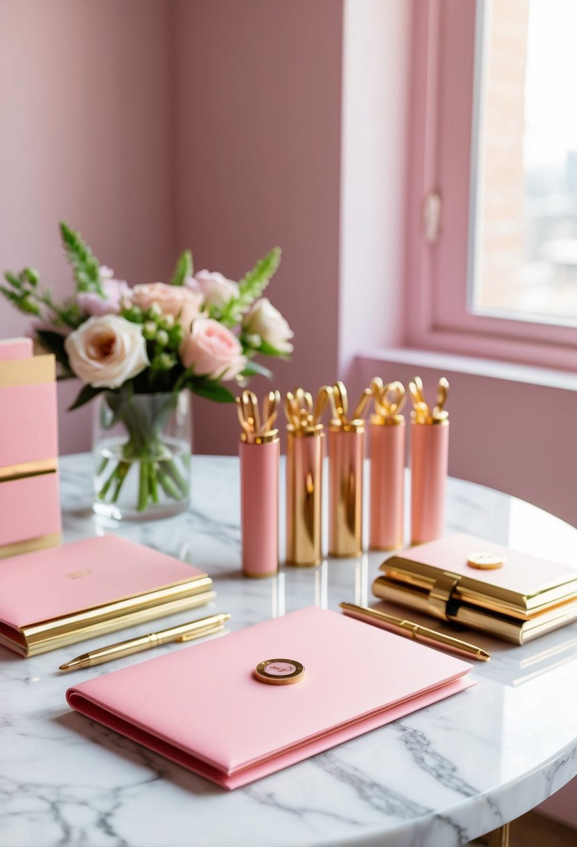 A pink and gold stationery set arranged on a marble table with floral accents