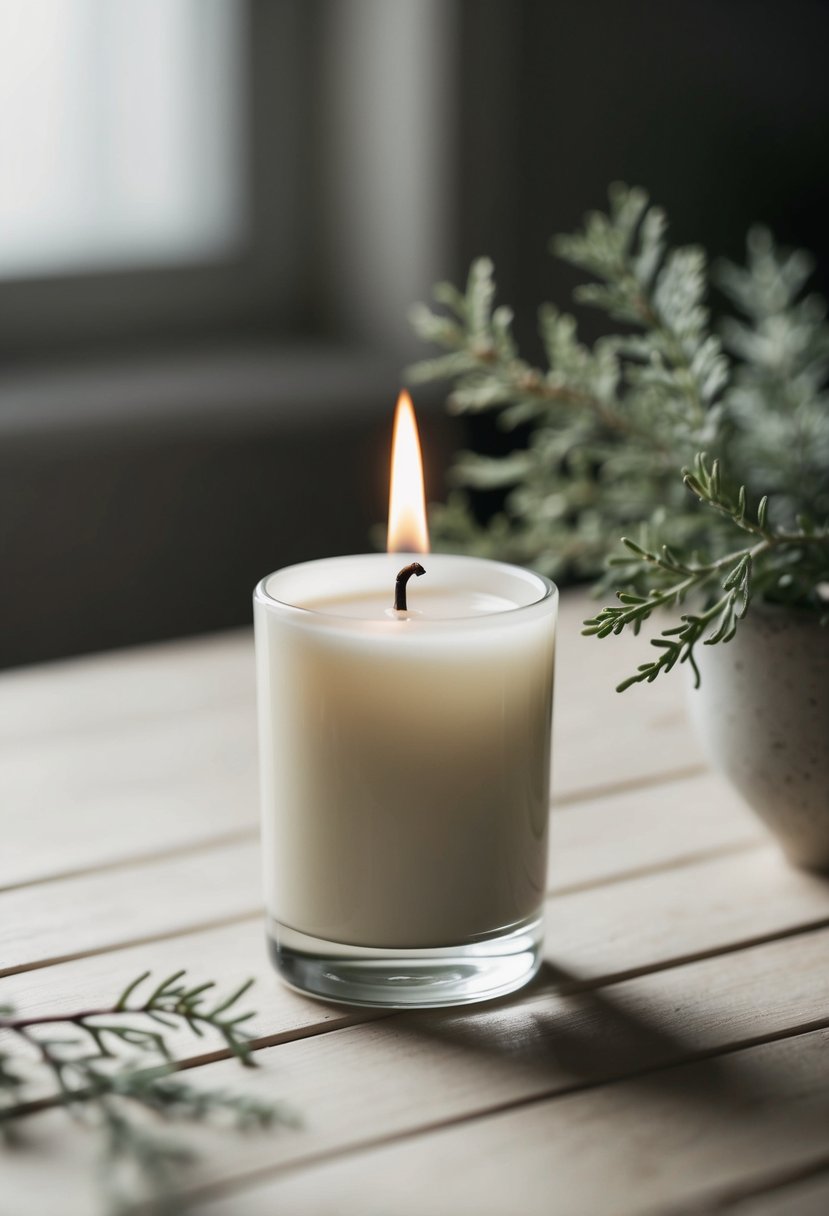 A single white candle sits in a small glass holder on a simple wooden table, surrounded by delicate greenery