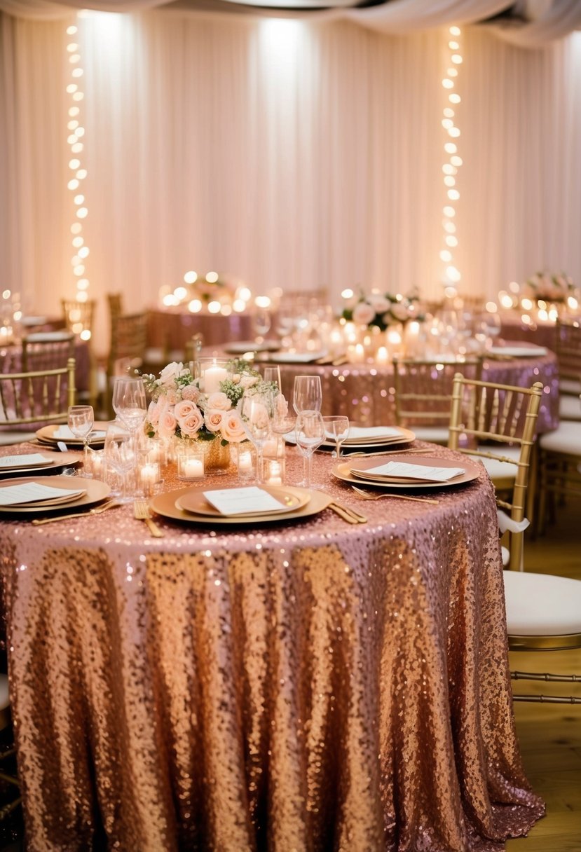 A lavish rose gold wedding table adorned with glitzy sequin fabrics, sparkling under the soft glow of fairy lights