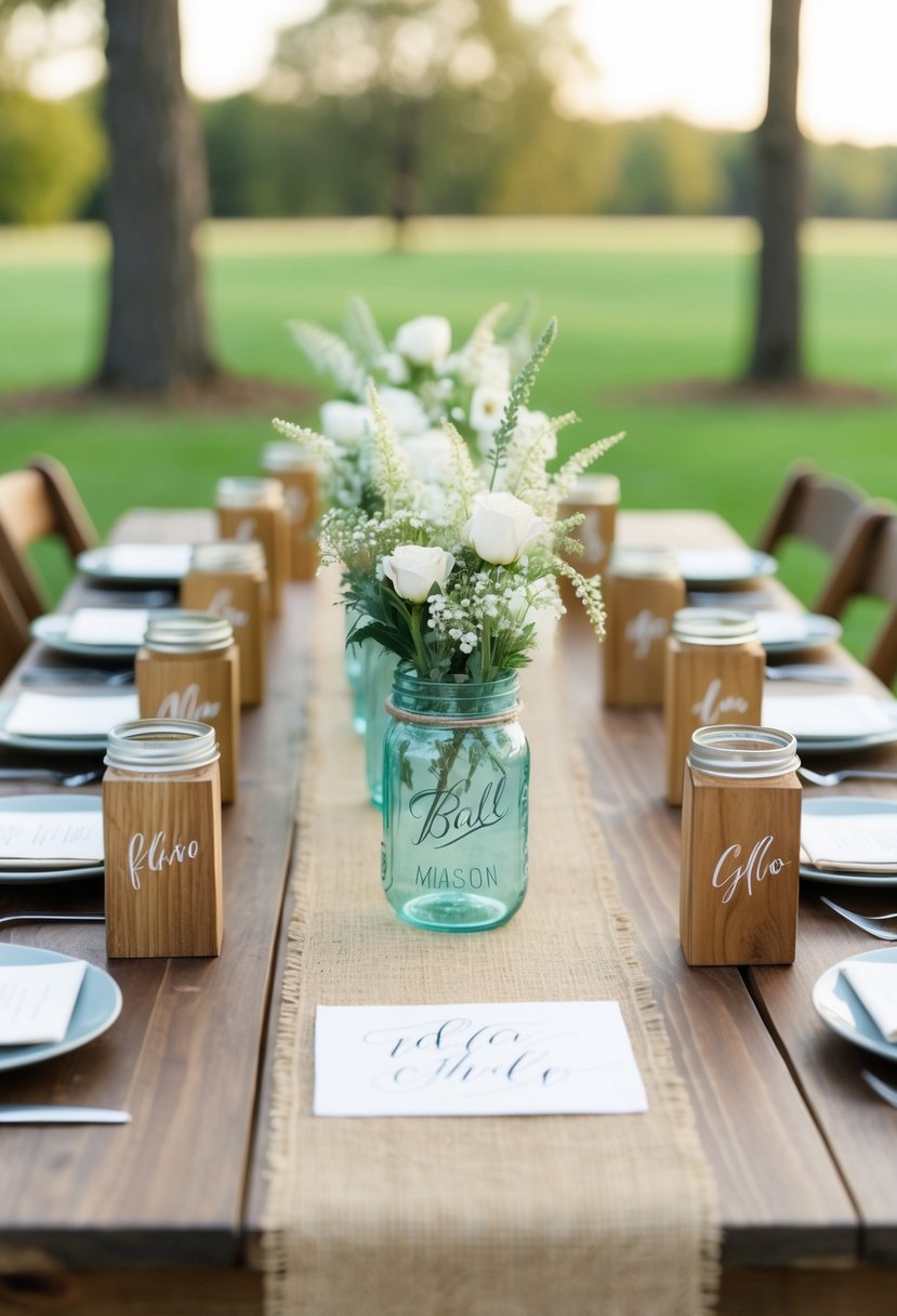 A wooden table with burlap runner, mason jar centerpieces, and wooden place card holders with calligraphy