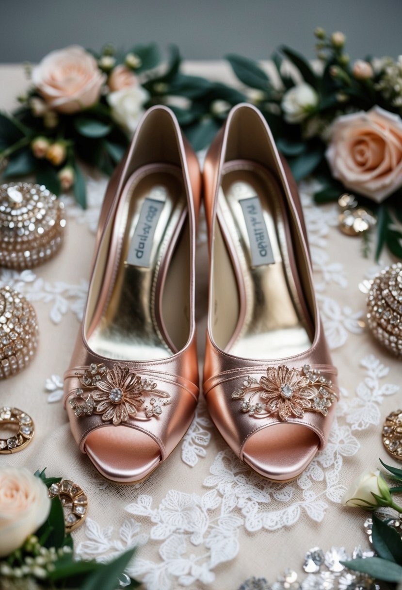 A pair of elegant rose gold bridal shoes placed on a delicate lace fabric, surrounded by shimmering accessories and floral decorations