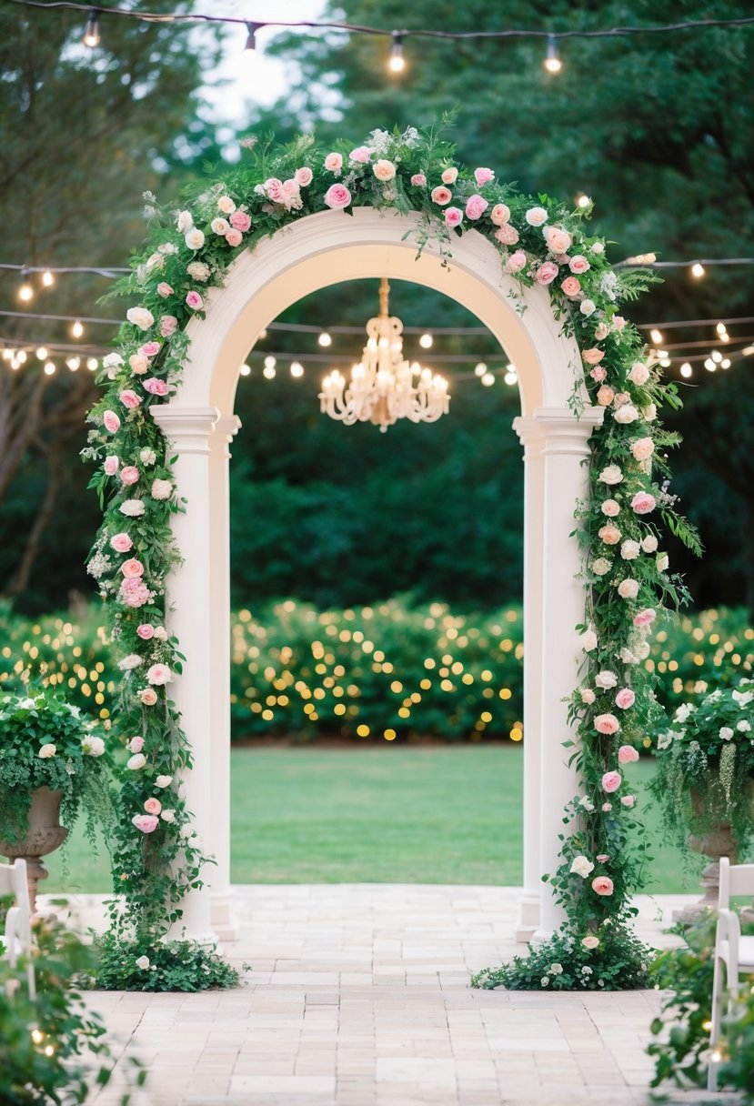 A serene outdoor setting with a beautiful archway adorned with flowers, surrounded by lush greenery and twinkling lights