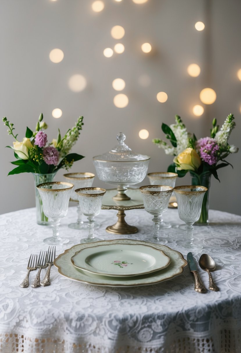 A vintage glassware collection arranged on a lace tablecloth with delicate floral accents and antique silver cutlery