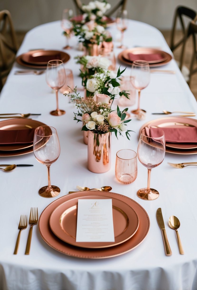 Rose gold tableware arranged on a white tablecloth with delicate floral centerpieces