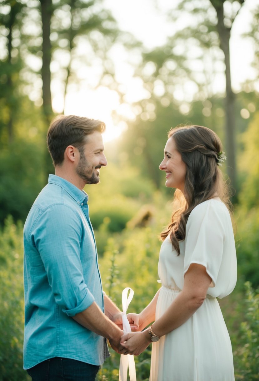 A couple stands facing each other, holding a ribbon between their hands, surrounded by nature and loved ones