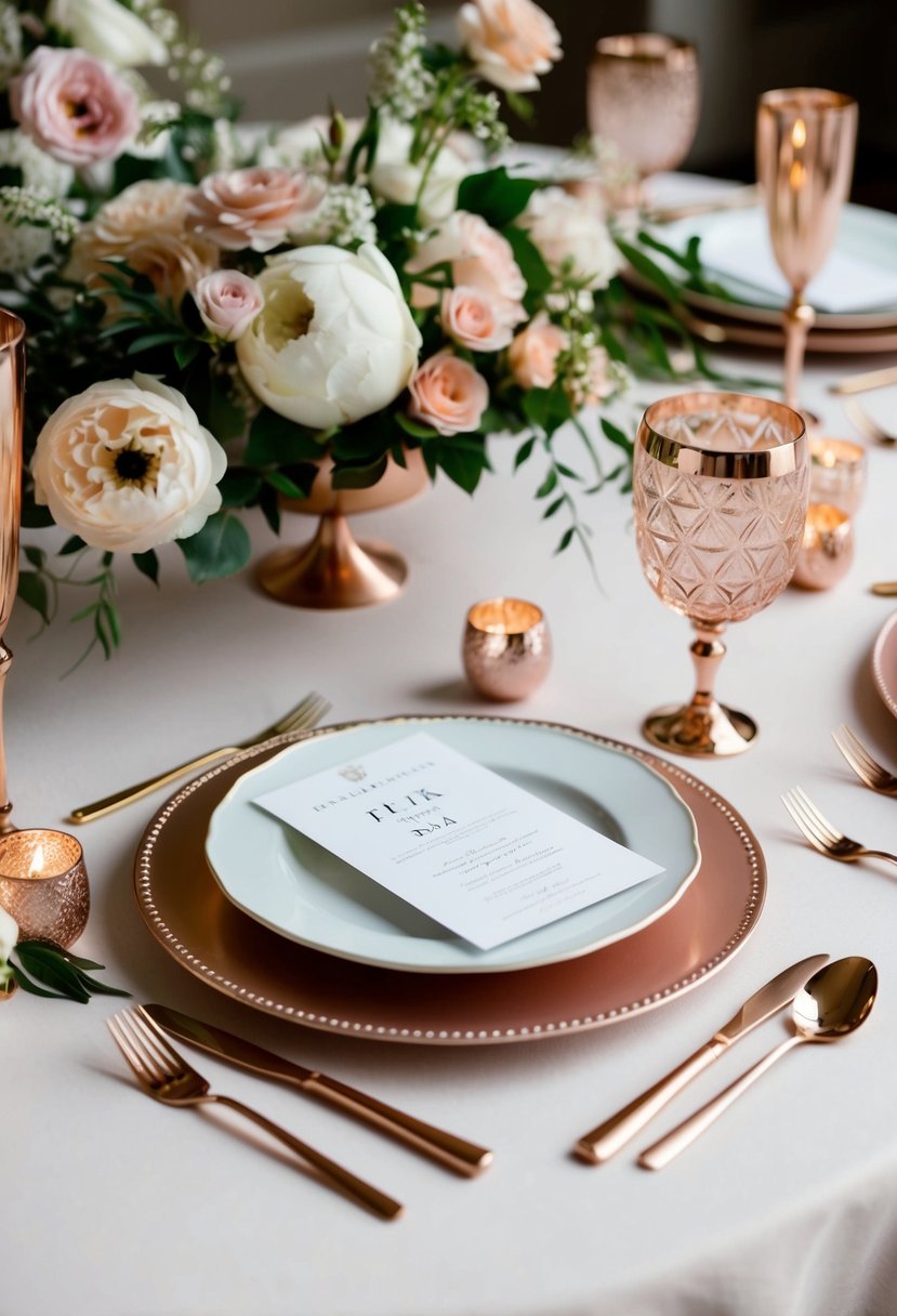 A table set with custom rose gold flatware, surrounded by elegant rose gold wedding decor and floral arrangements