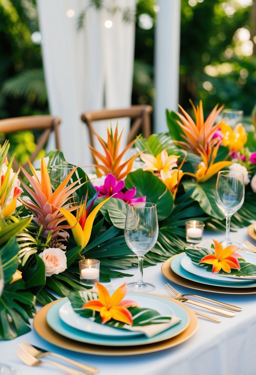 A table setting with vibrant tropical flowers, lush greenery, and elegant floral accents in a tropical wedding theme