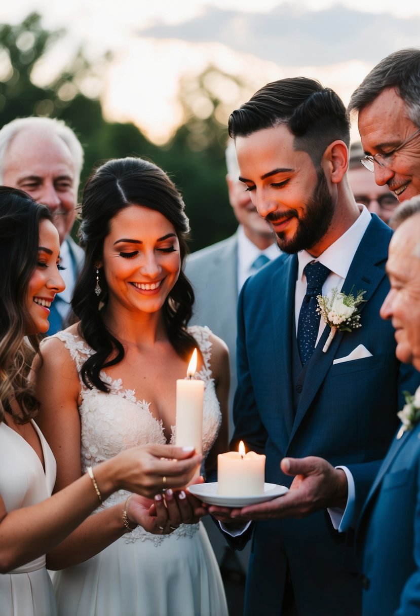 A couple lighting a unity candle together, surrounded by family and friends