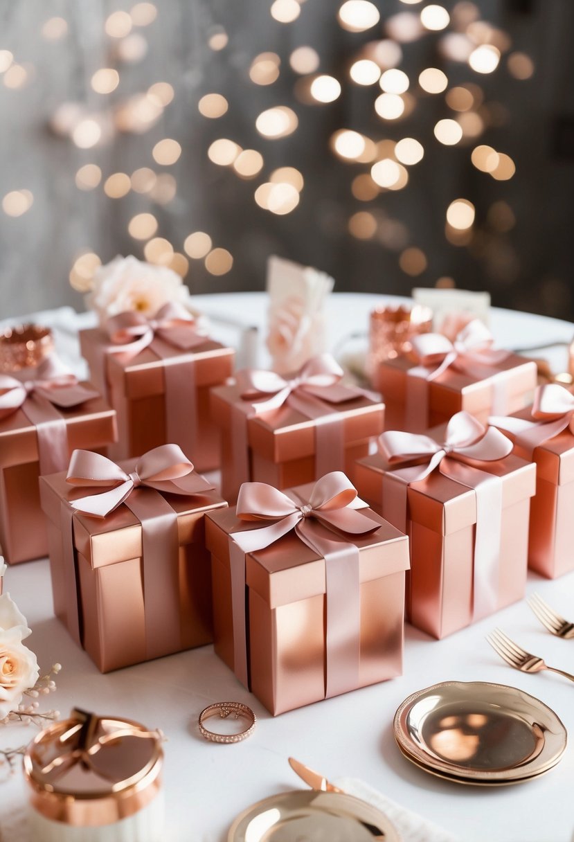 A group of rose gold bridesmaids gifts arranged on a table, surrounded by delicate rose gold wedding decor and accessories