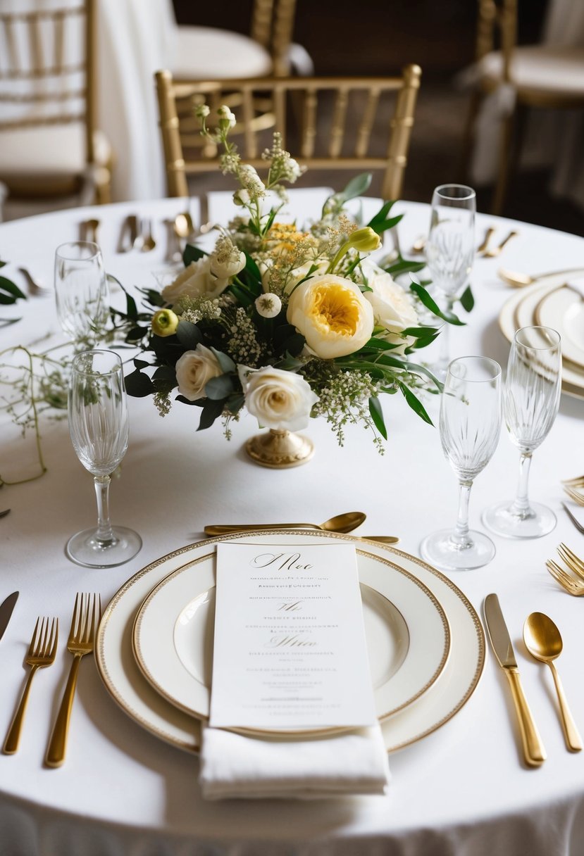 An elegant wedding place setting with gold and silver cutlery, fine china, and a delicate floral centerpiece on a crisp white tablecloth