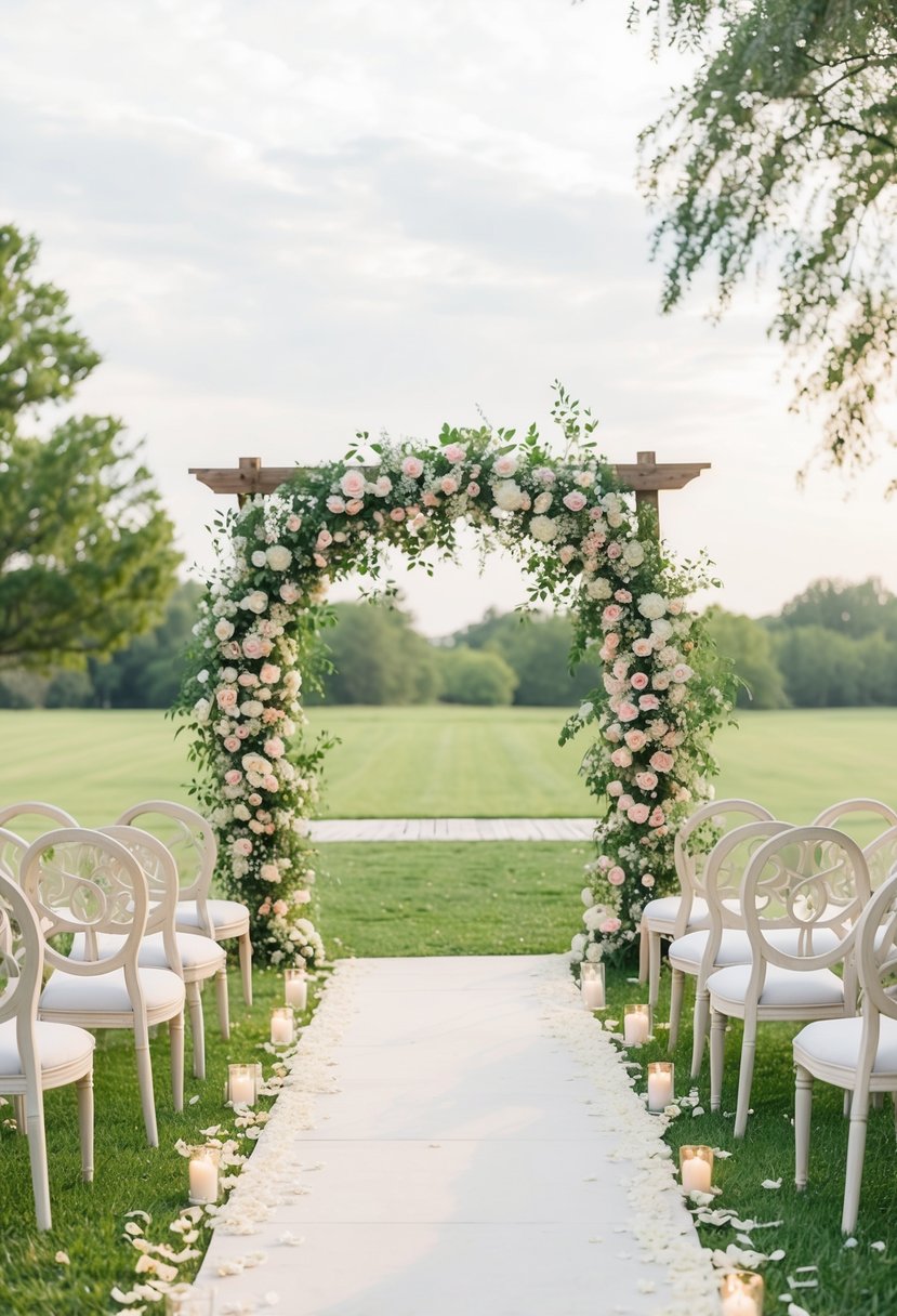 A serene outdoor setting with a floral arch, scattered petals, and elegant seating for a non-religious wedding ceremony