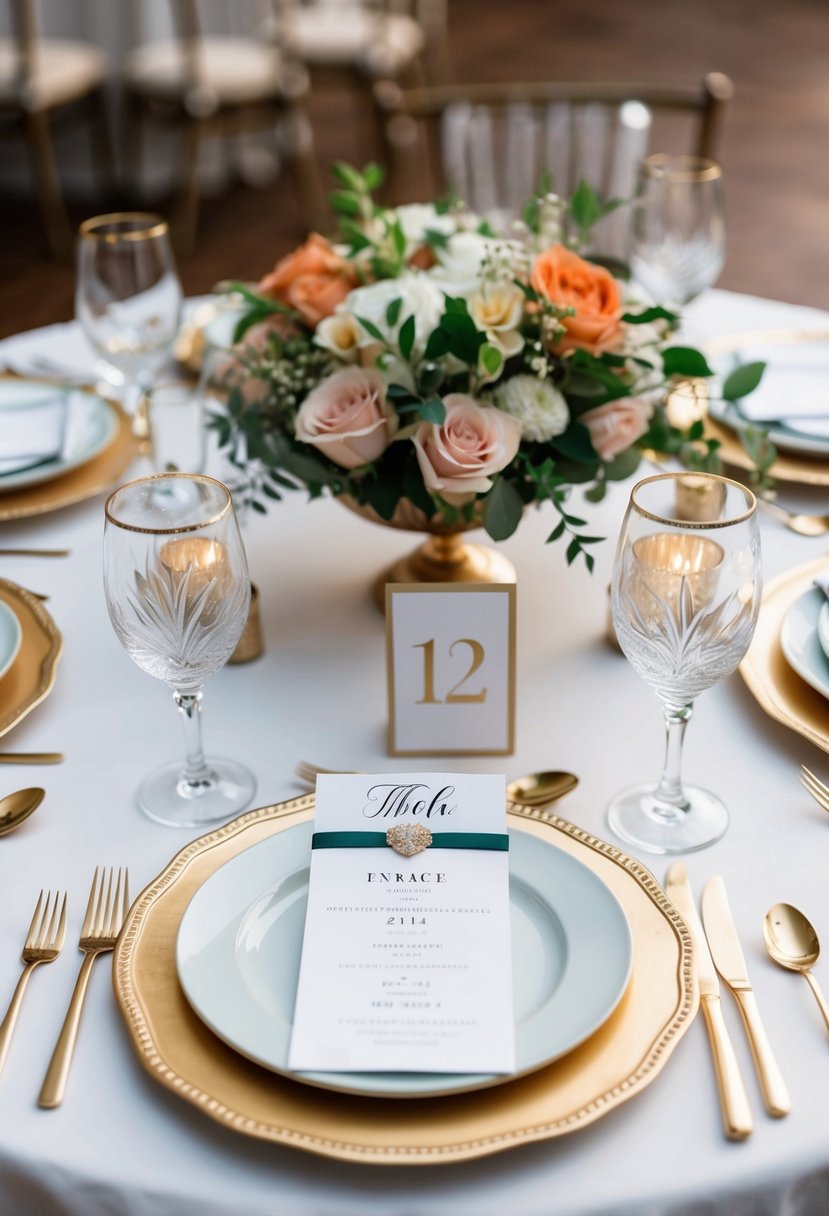 A beautifully set table with personalized place cards, elegant dinnerware, and fresh floral centerpieces