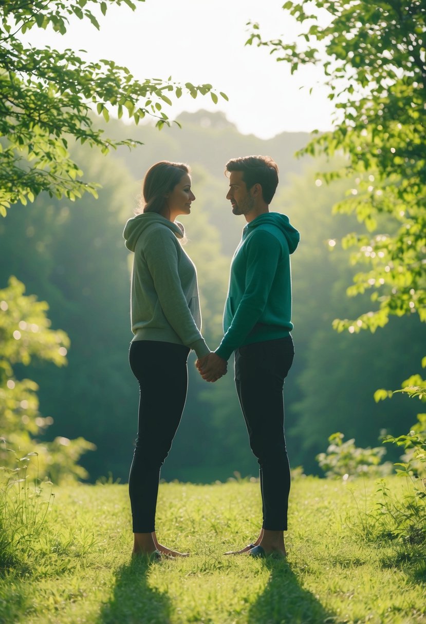 A serene outdoor setting with two figures facing each other, surrounded by nature and soft natural light