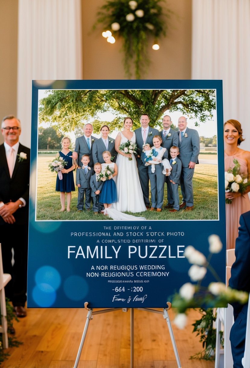 A completed family puzzle displayed at a non-religious wedding ceremony