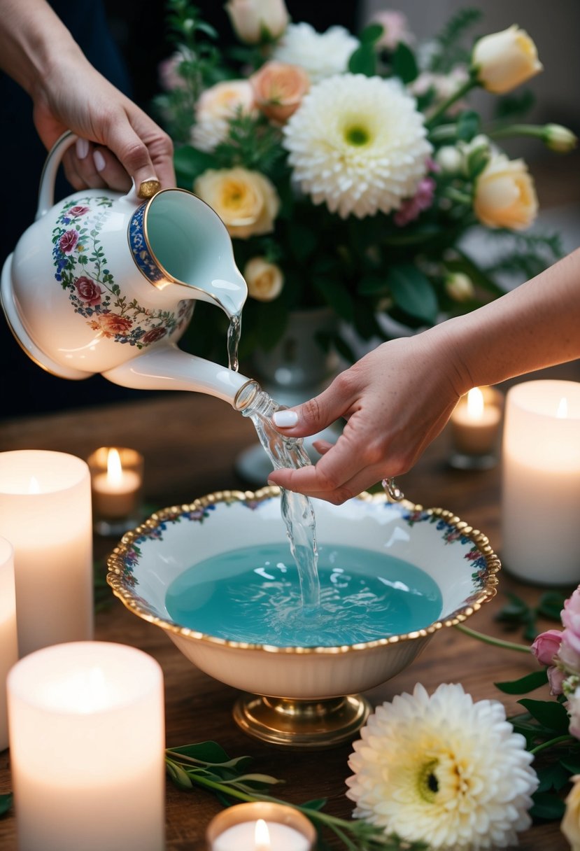 A pair of elegant hands pouring water from a decorative pitcher into a basin, surrounded by flowers and candles