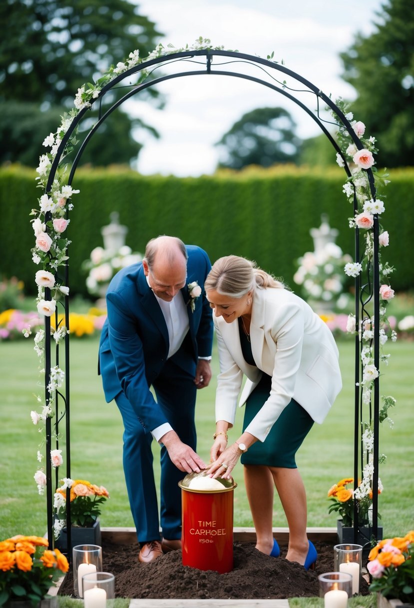 A couple burying a time capsule in a garden, surrounded by flowers and a decorative archway