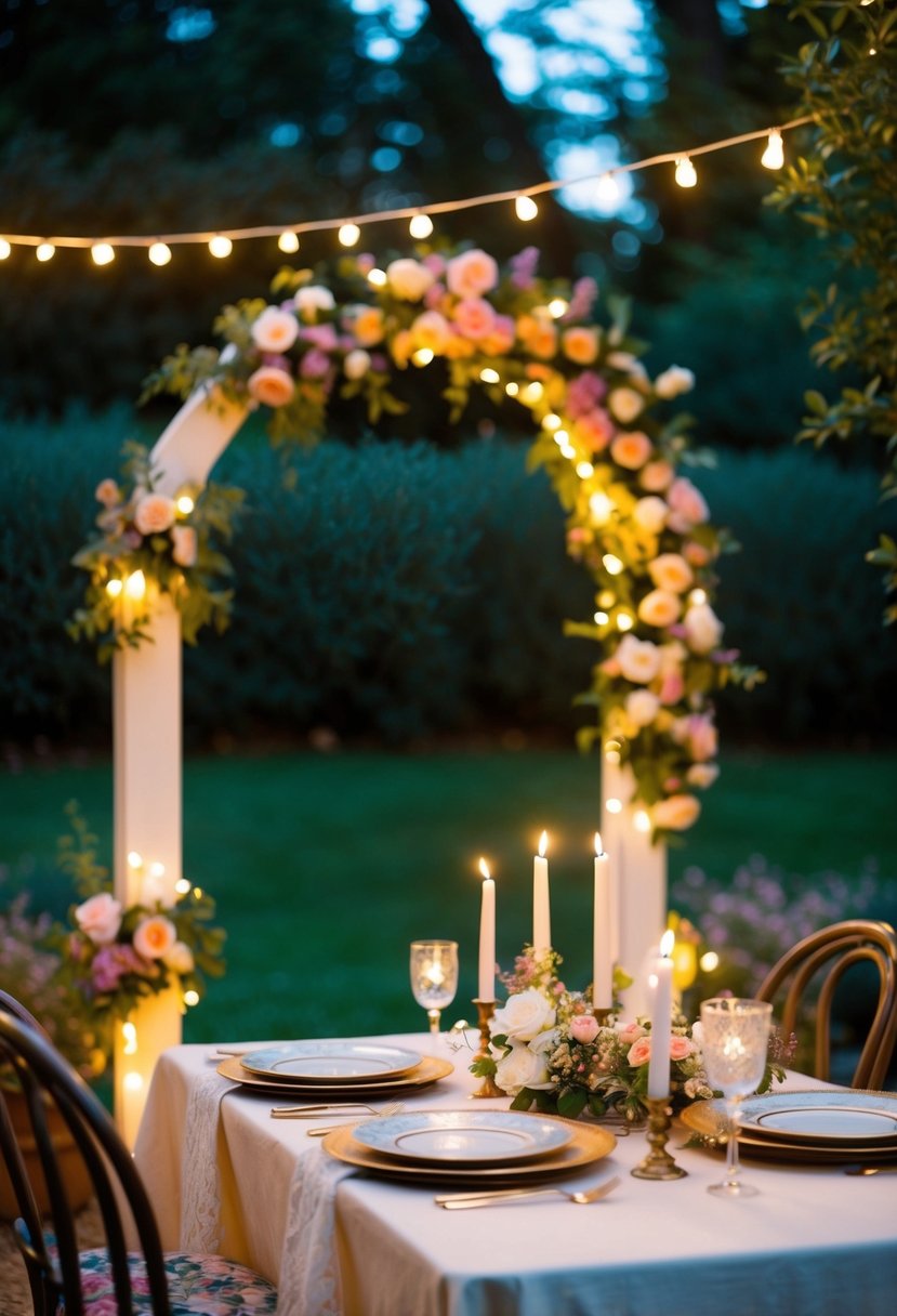 A candlelit garden with fairy lights, a floral arch, and a vintage-inspired table setting for two