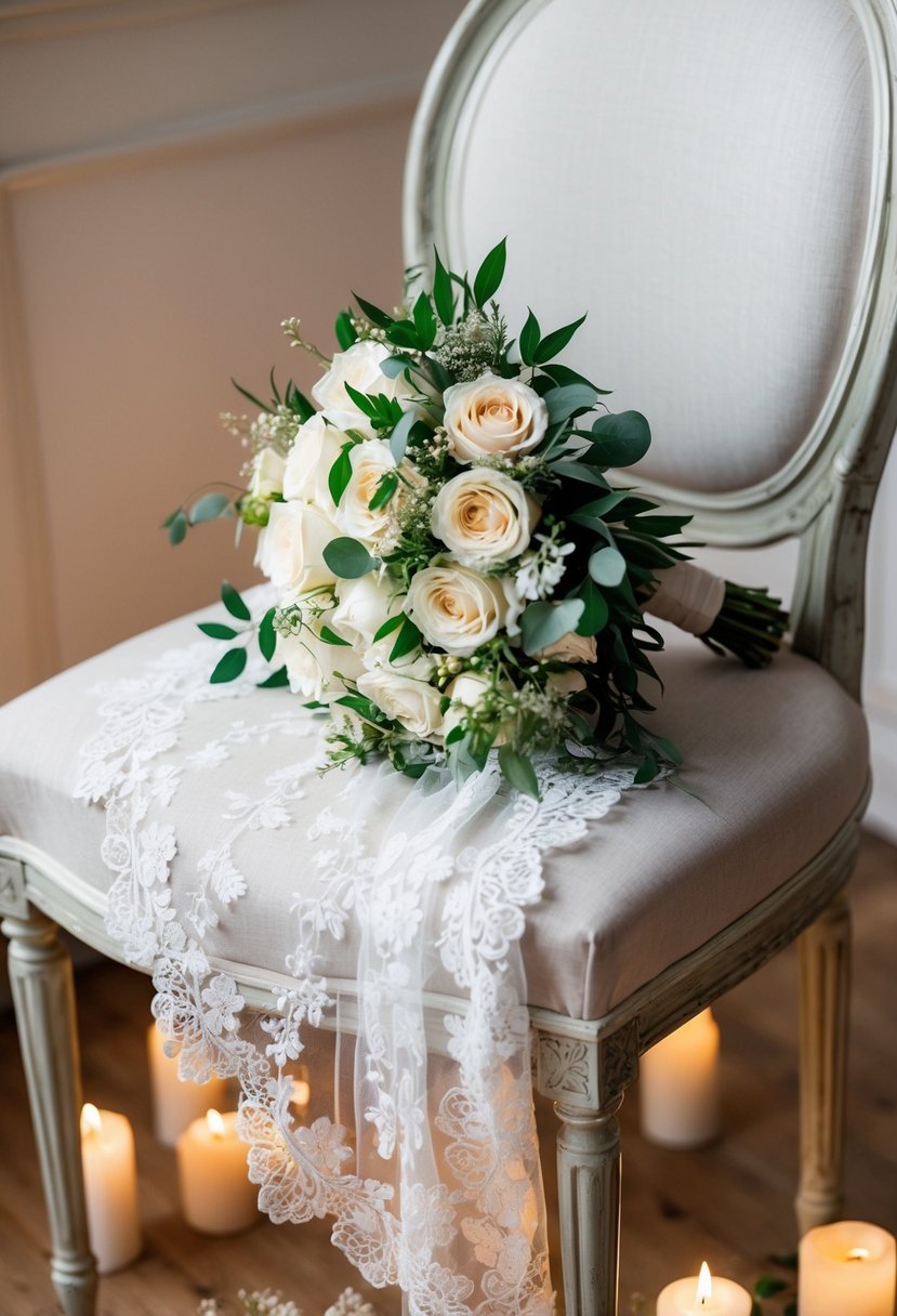 A bride's bouquet resting on a vintage chair, surrounded by soft candlelight and delicate lace details