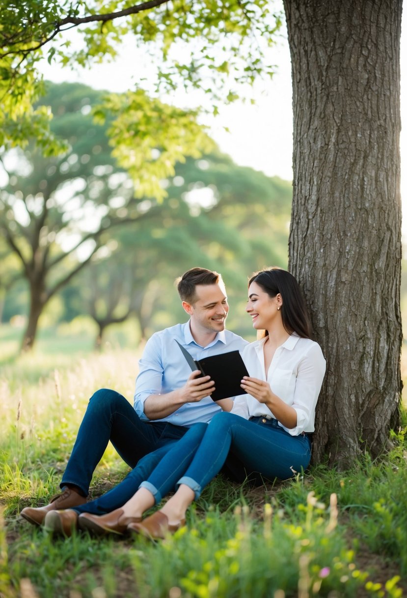 A couple sits under a tree, surrounded by nature, reading poetry to each other