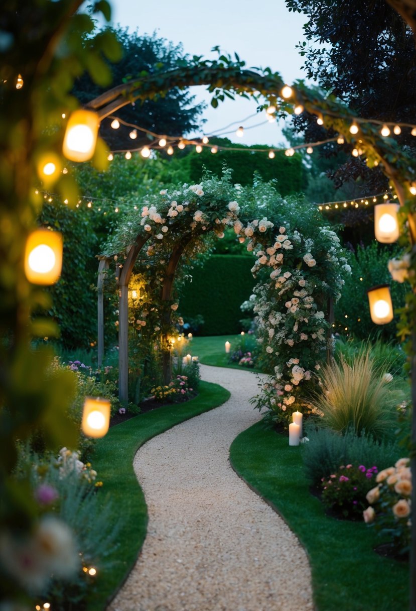 A lush garden with a winding path leading to a flower-covered arbor, surrounded by twinkling string lights and soft candlelight