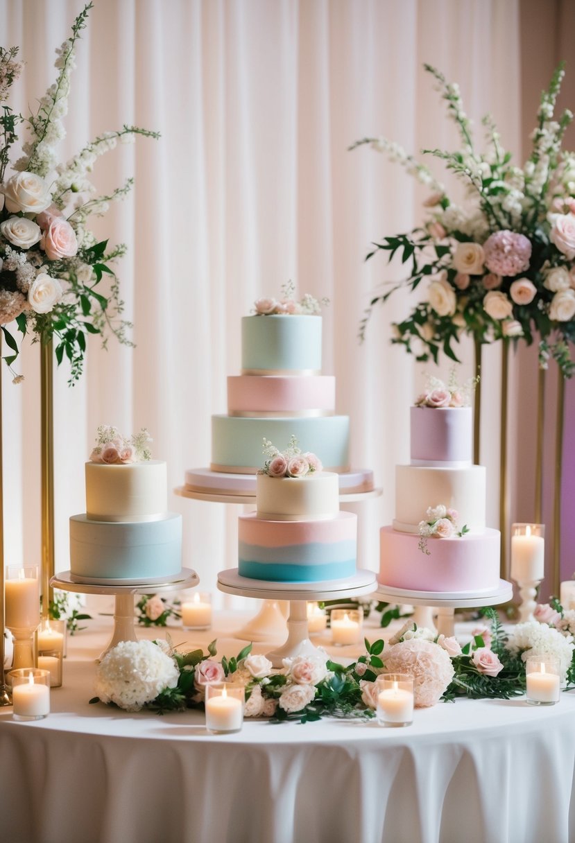 A romantic wedding reception with pastel wedding cakes displayed on elegant stands, surrounded by soft candlelight and delicate floral arrangements