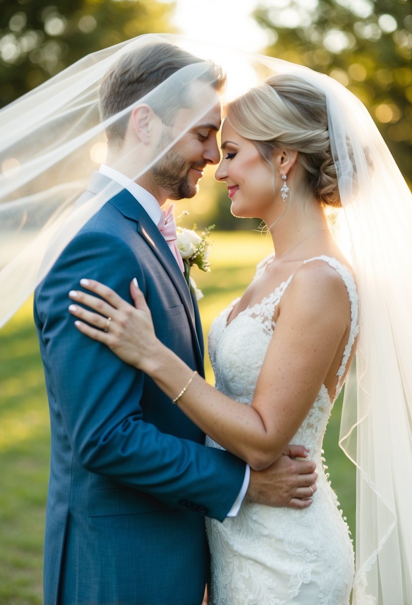 A bride and groom stand close together under a flowing veil, surrounded by soft, romantic lighting