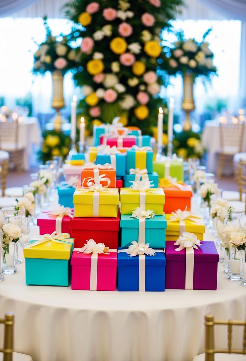 Colorful wrapped gifts arranged on a table at a wedding ceremony, surrounded by floral decorations and elegant decor