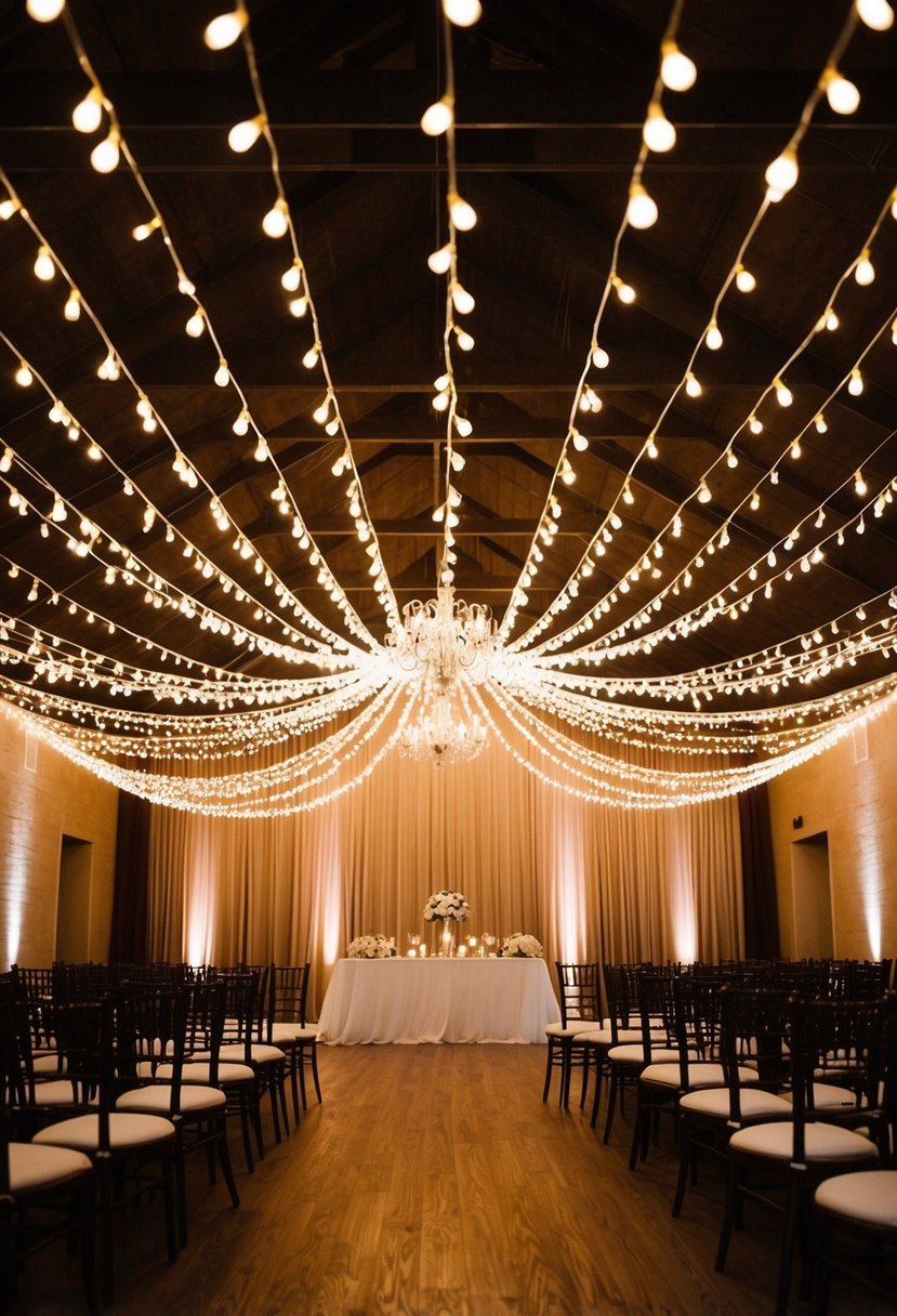 The venue is bathed in a warm glow as twinkle lights drape across the ceiling, casting a soft and romantic ambiance. The lights create a magical and intimate setting, perfect for a romantic wedding