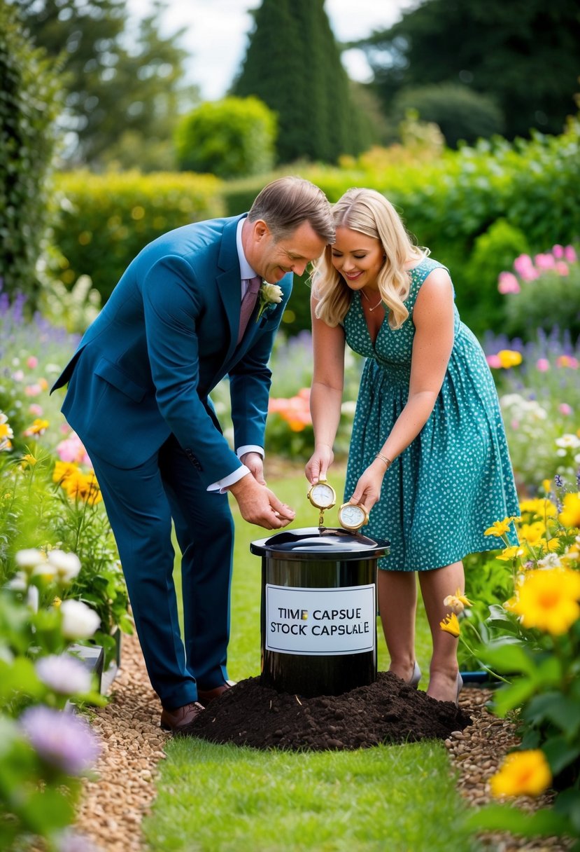 A couple burying a time capsule in a garden, surrounded by flowers and greenery, with a small table holding various mementos and a sign marking the spot