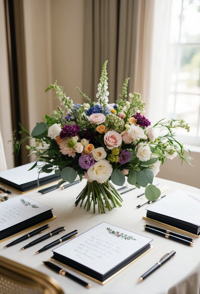 A table set with a bouquet of mixed flowers, surrounded by elegant stationery and calligraphy pens, with soft natural light filtering in