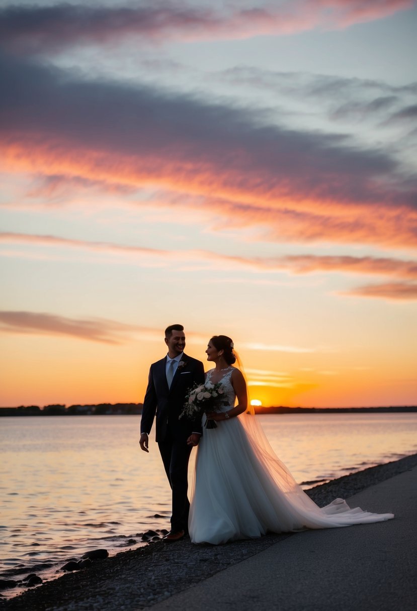 A couple strolls along the water's edge at sunset, silhouetted against the colorful sky, with a bouquet and a flowing wedding gown