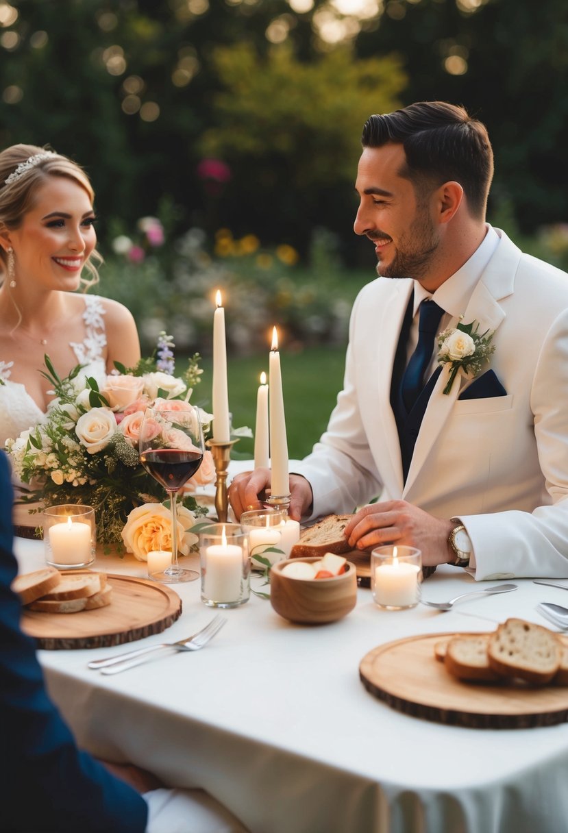 A bride and groom sit at a table, sharing a meal of bread and wine, surrounded by candles and flowers symbolizing their union