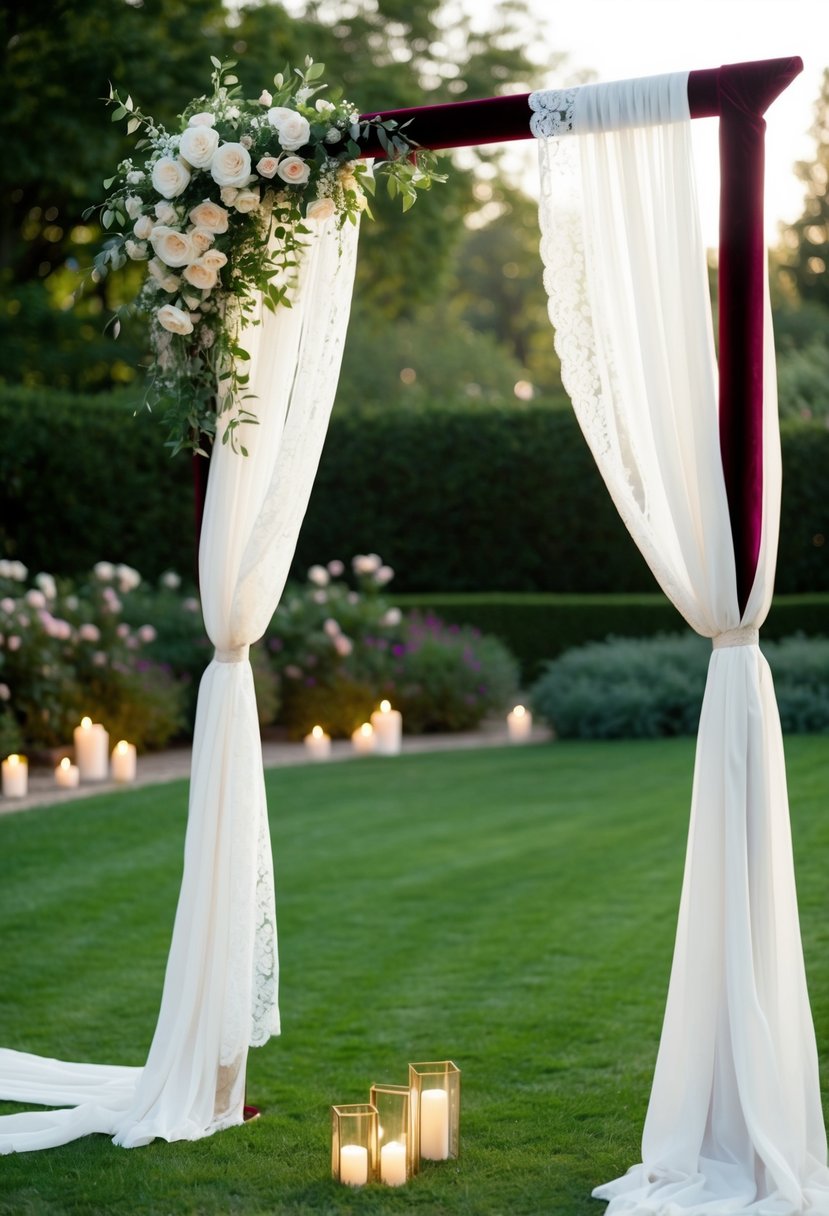 A velvet and lace draped wedding arch in a garden with soft candlelight and blooming flowers