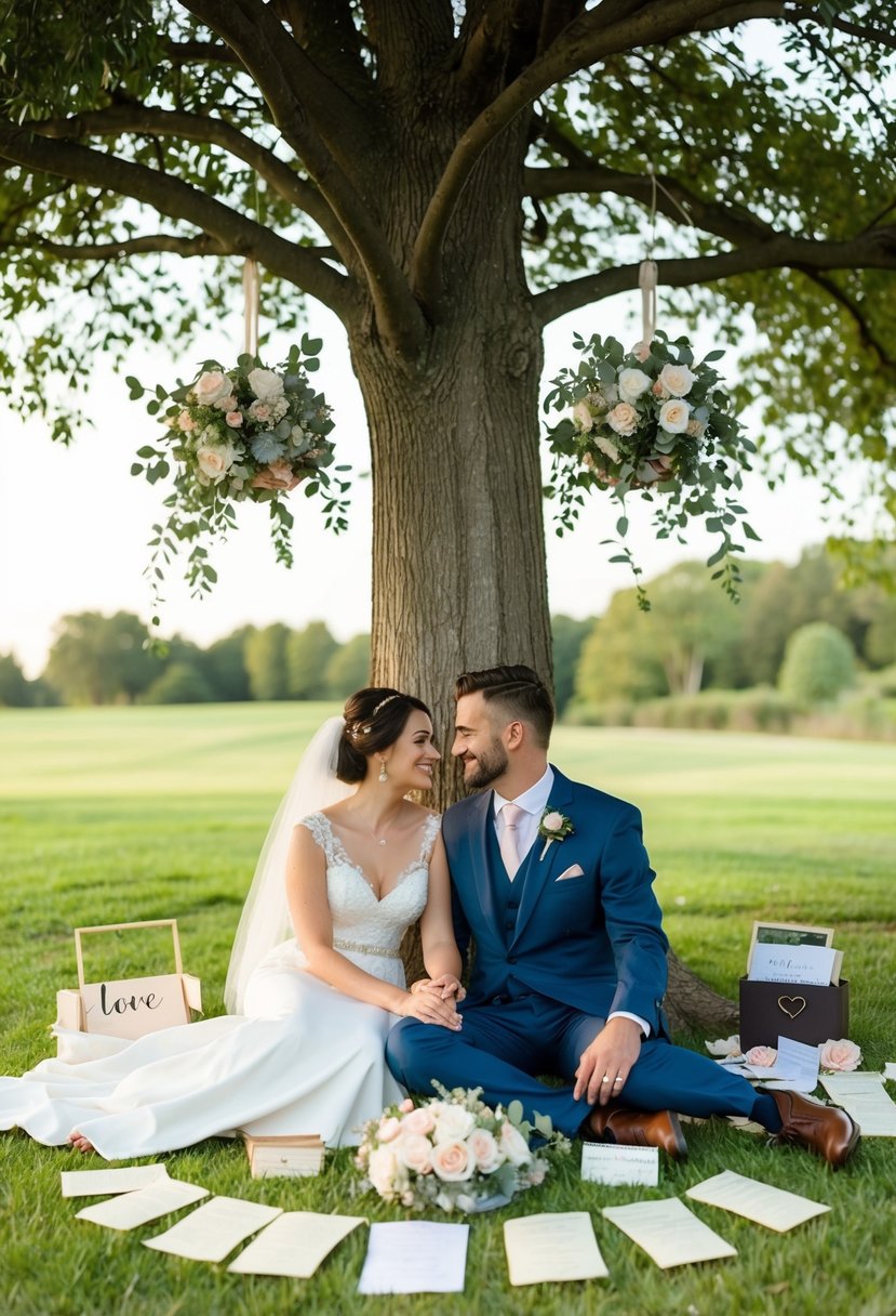 A couple sits under a tree, surrounded by love letters and wedding decor. The setting is serene and non-religious, with a focus on their anniversary celebration