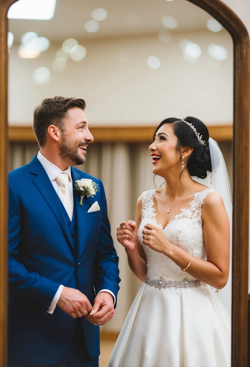 A couple stands in front of a large mirror, both wearing wedding attire. They look at each other in surprise, their faces lit up with joy and excitement