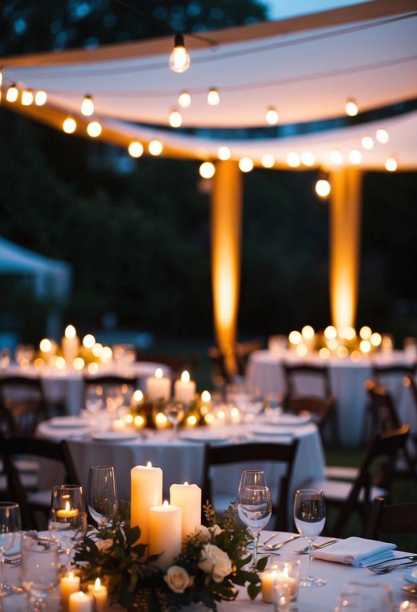 A dimly lit outdoor setting with flickering candles, casting a warm and romantic glow over the wedding reception area