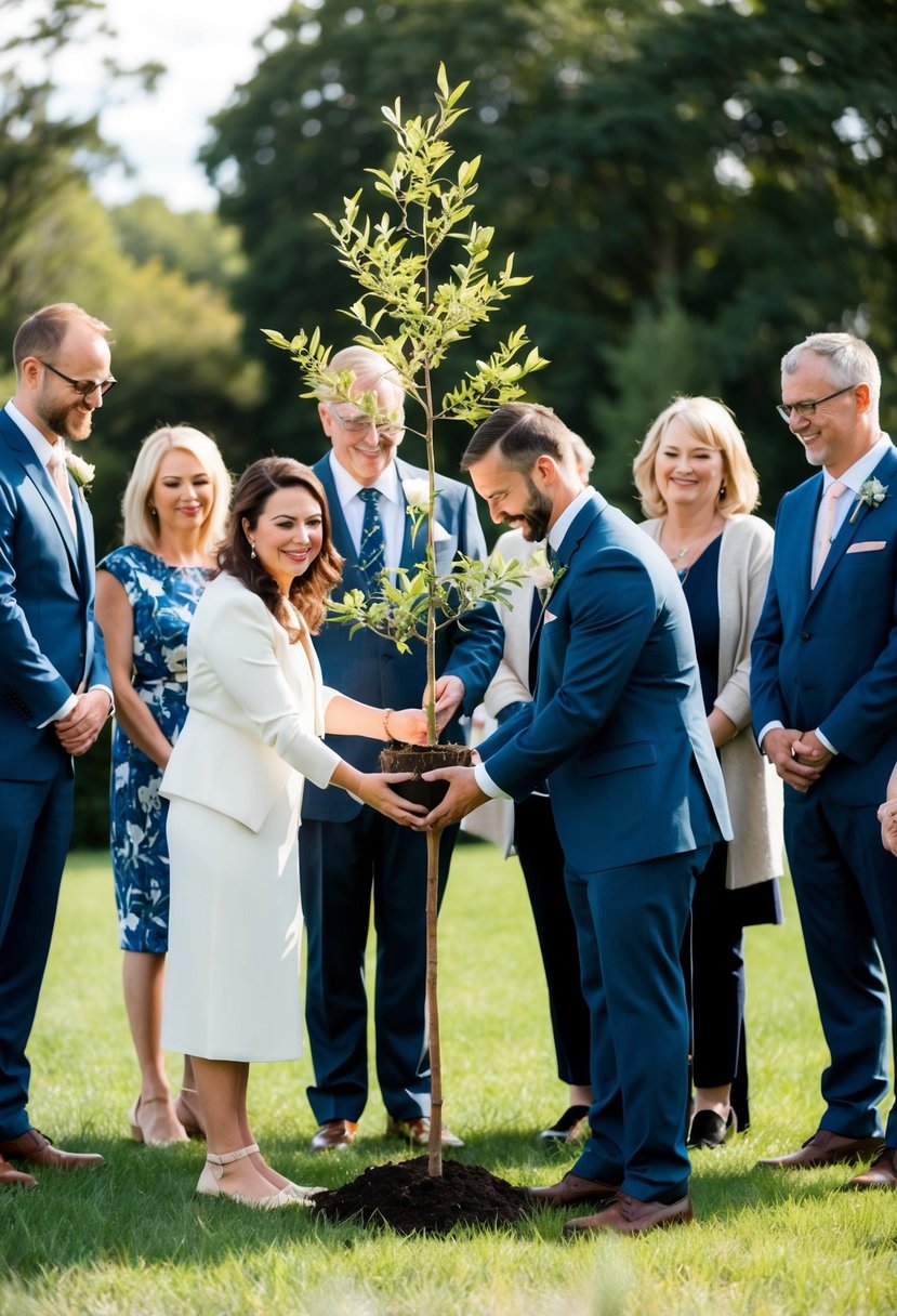 A couple plants a young tree together, surrounded by family and friends, as part of their non-religious wedding ceremony