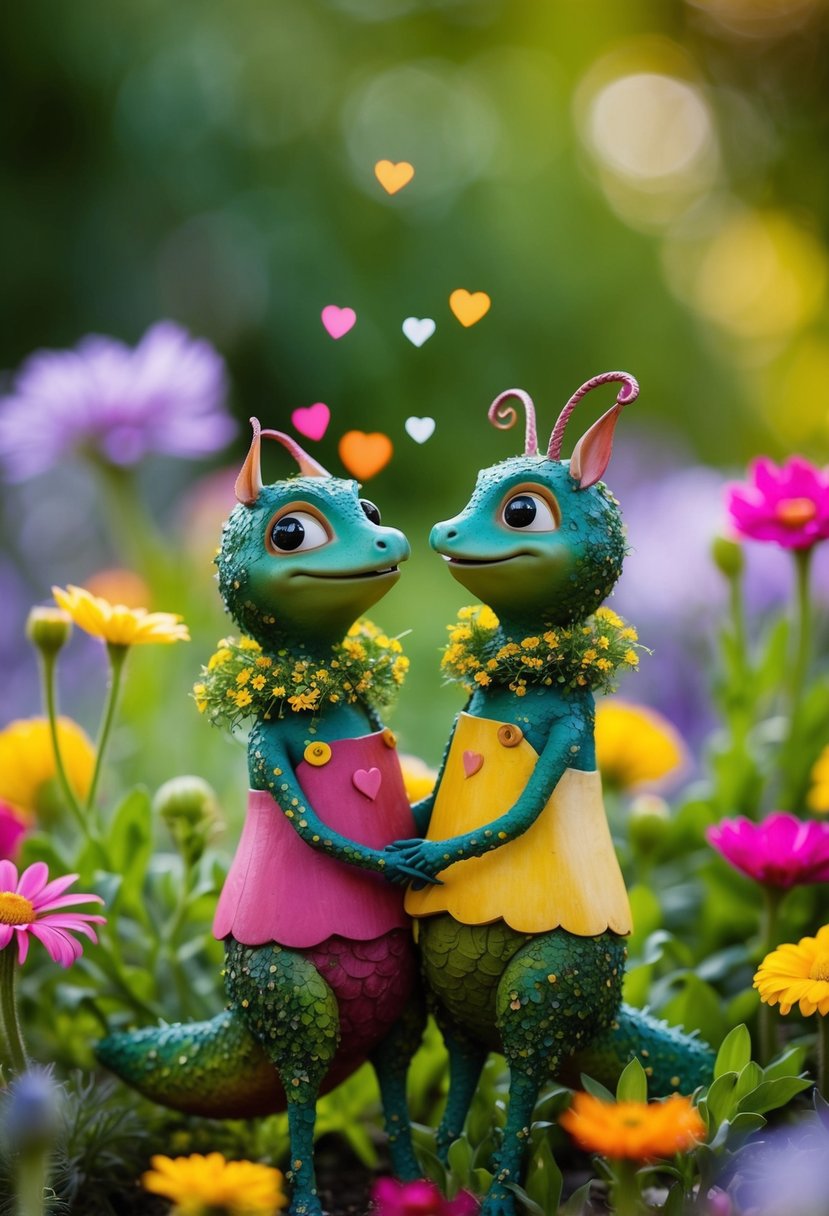 A couple of whimsical garden creatures in love, surrounded by colorful flowers and greenery, with a sense of joy and romance in the air