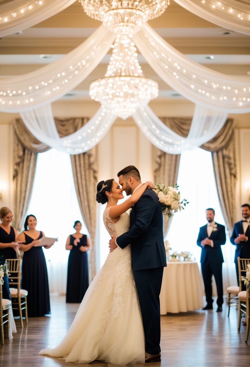 Married couples embrace and sway to their wedding songs in a softly lit, elegant ballroom adorned with twinkling lights and flowing drapery