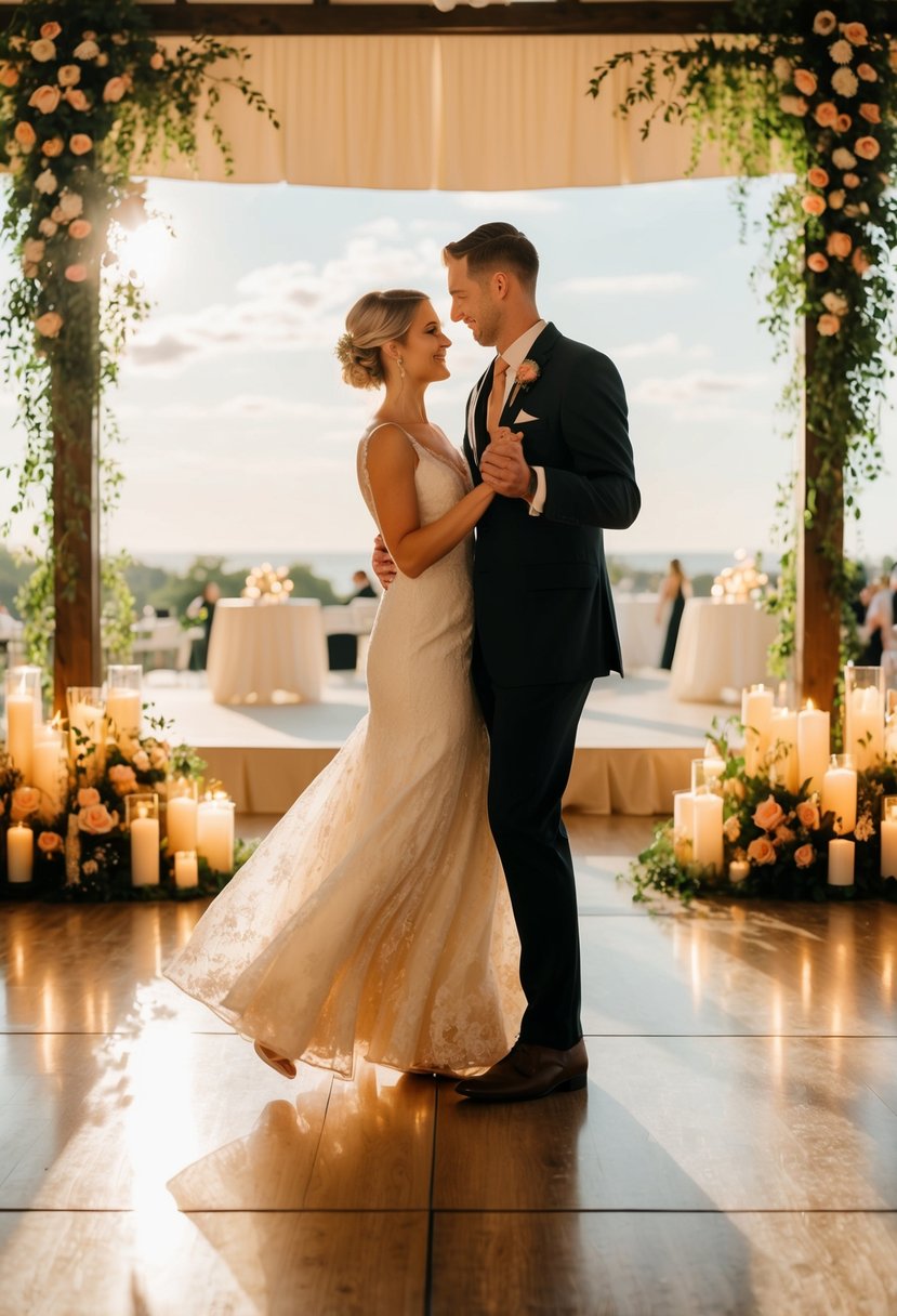 A couple twirls on a sunlit dance floor, surrounded by glowing candles and floral arrangements