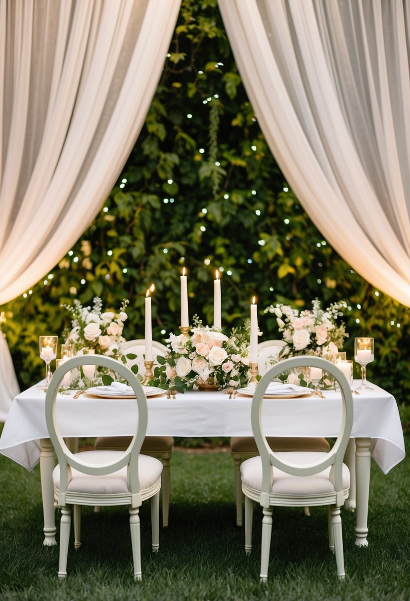 A beautifully decorated sweetheart table with two elegant chairs, adorned with fresh flowers, candles, and twinkling lights, set against a backdrop of lush greenery and delicate drapery