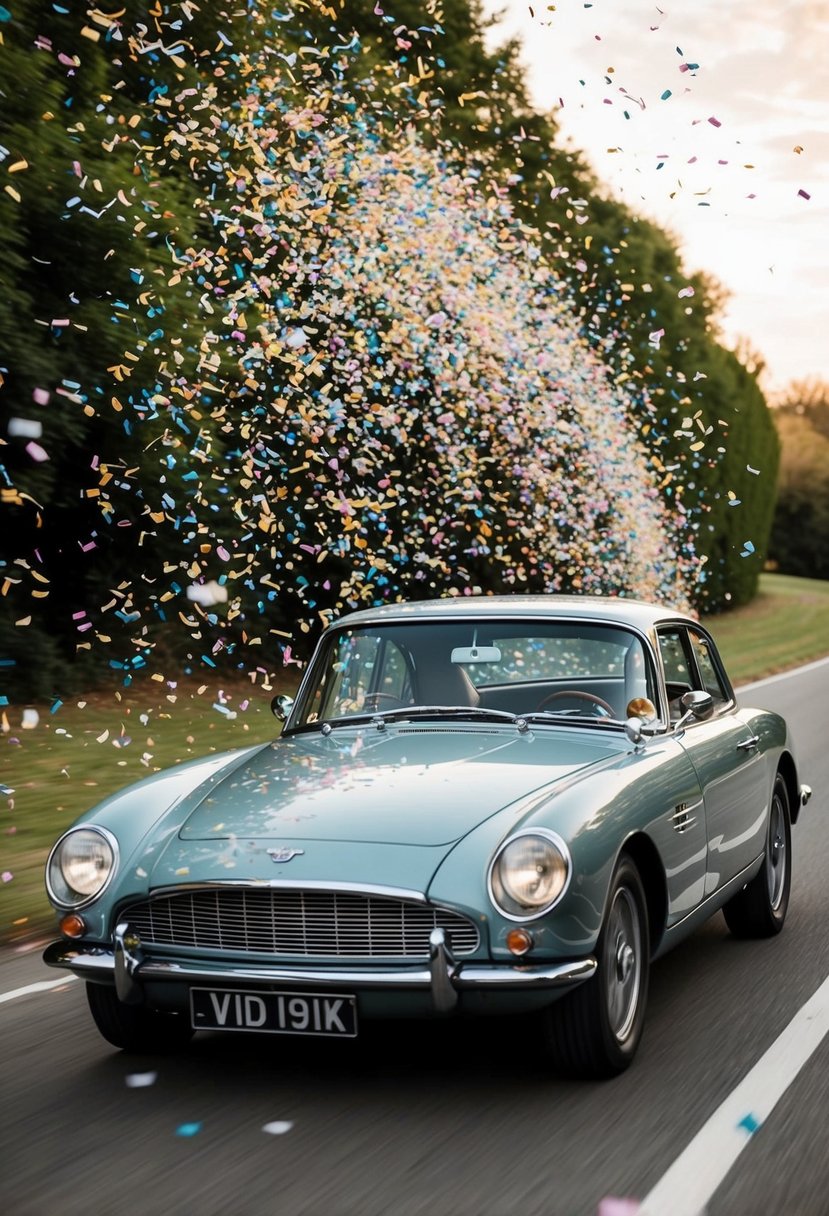 A vintage car speeds away, trailing confetti in its wake, a joyful wedding photo idea