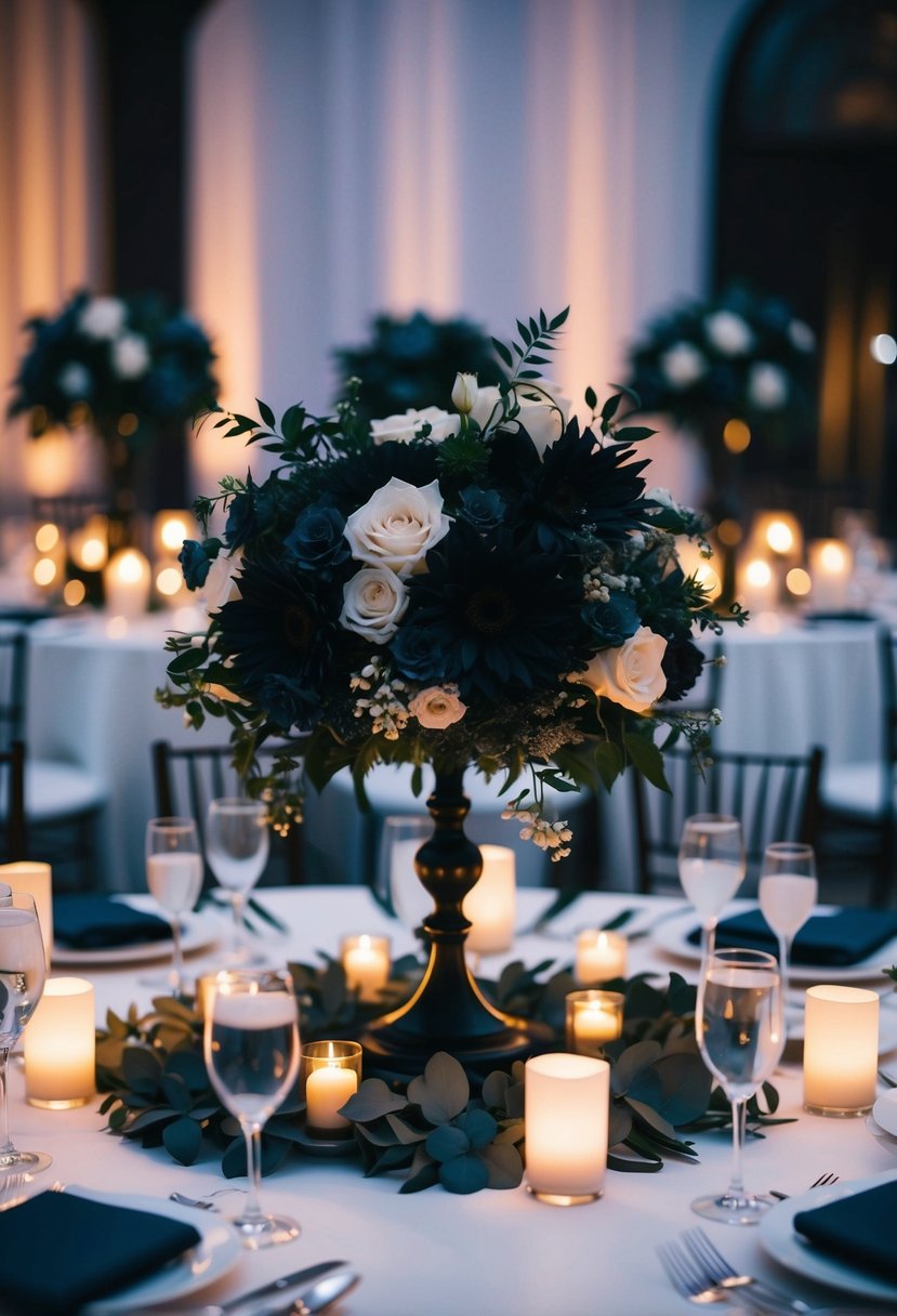 Dark floral centerpieces adorn a moody, elegant wedding reception, creating a romantic atmosphere