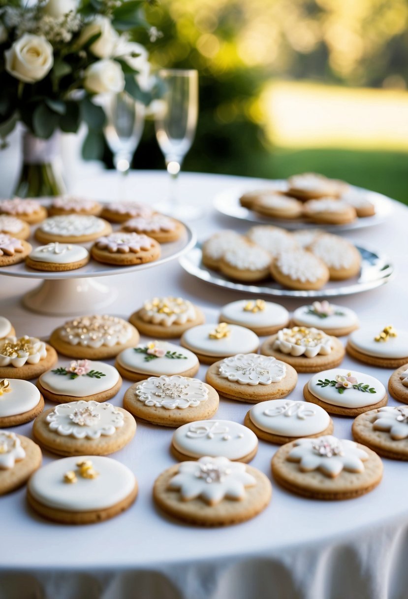 A table set with an assortment of beautifully decorated wedding day cookies, arranged in a romantic display