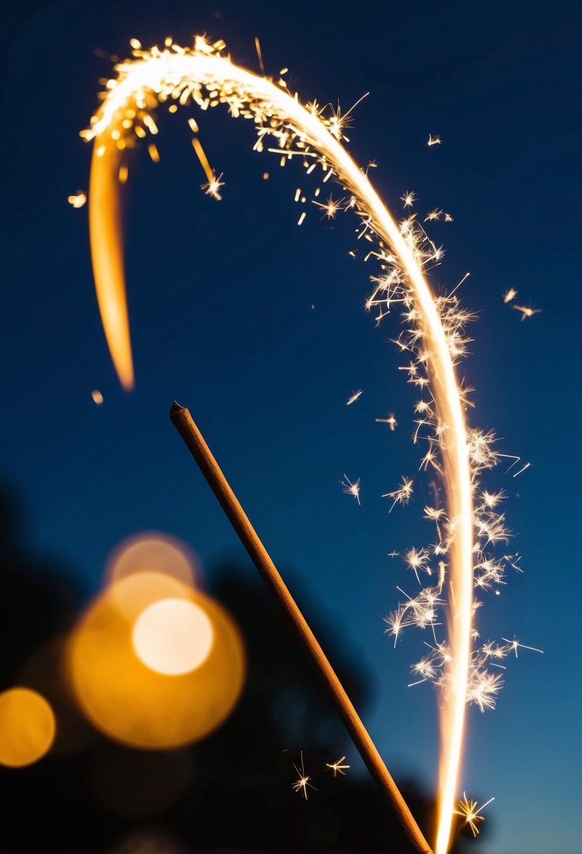 A sparkler creates a glowing arc against the dark night sky, illuminating the scene with its golden light