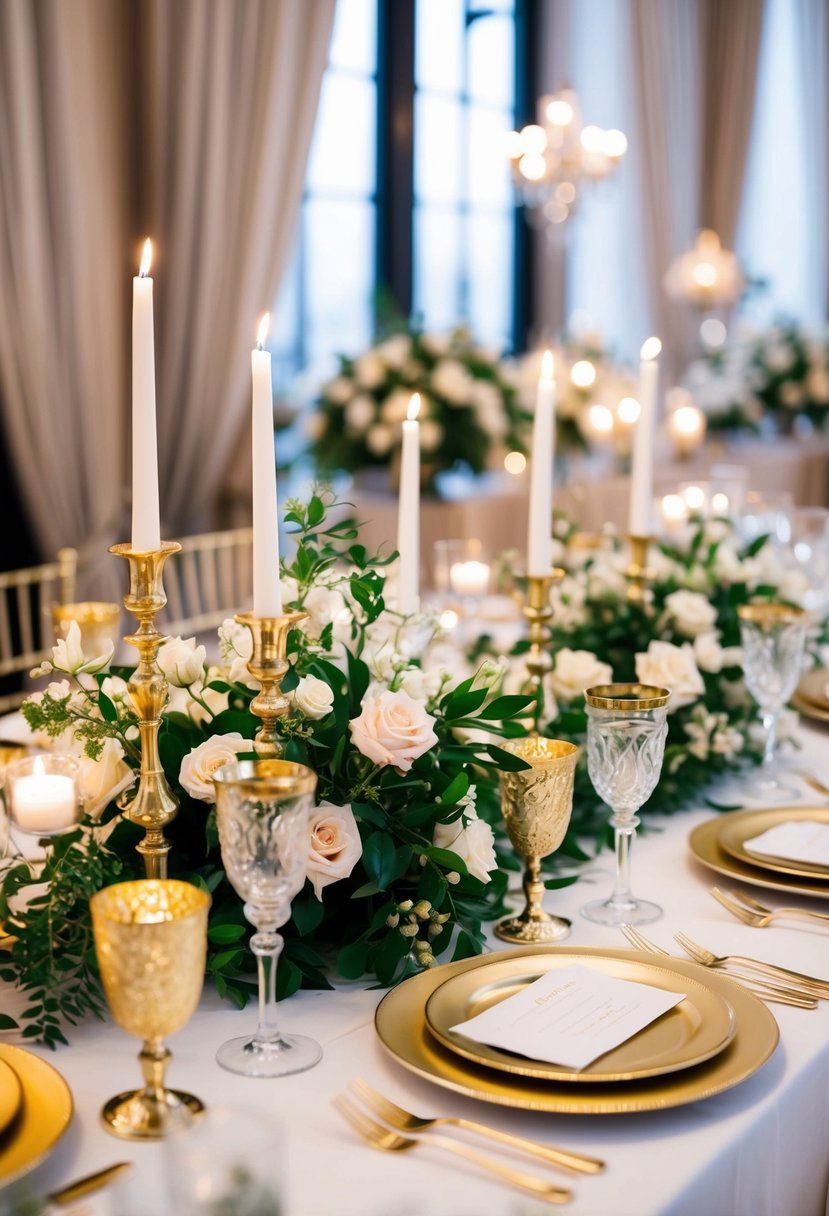 A lush, elegant wedding table set with gold-trimmed plates, candlesticks, and floral centerpieces, creating a luxurious and romantic ambiance