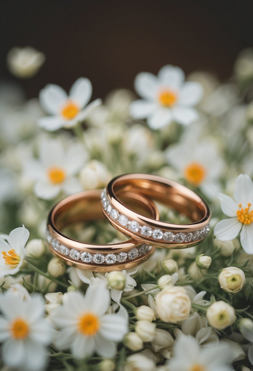 Two intertwined wedding rings resting on a bed of delicate white flowers