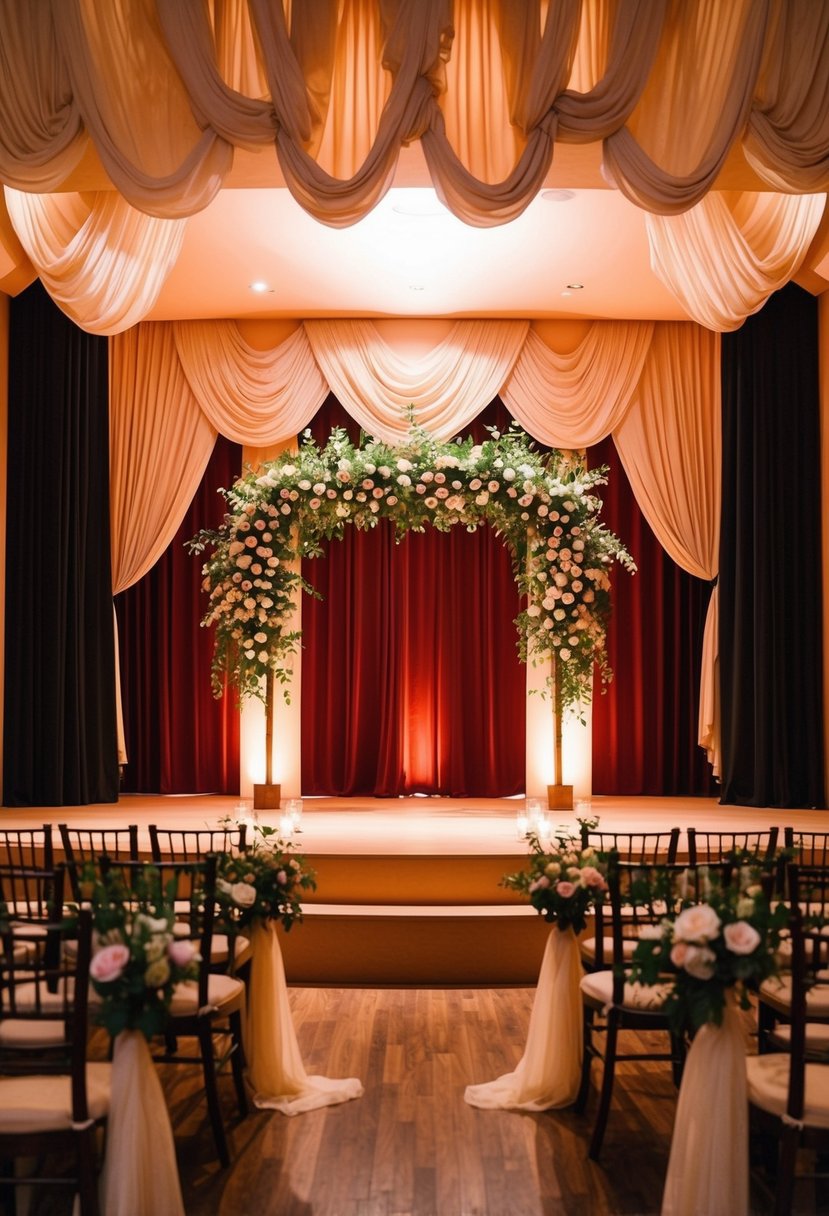 A theater stage bathed in warm light, adorned with elegant floral arrangements and draped in flowing fabrics, set for a romantic wedding ceremony