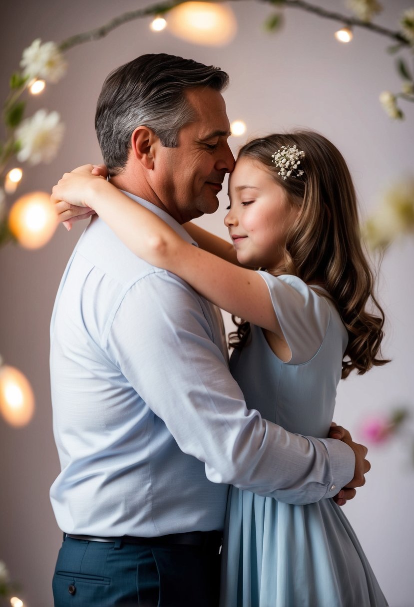 A father and daughter embrace in a tender dance, surrounded by soft lighting and delicate flowers. Their emotional connection is evident as they move gracefully together