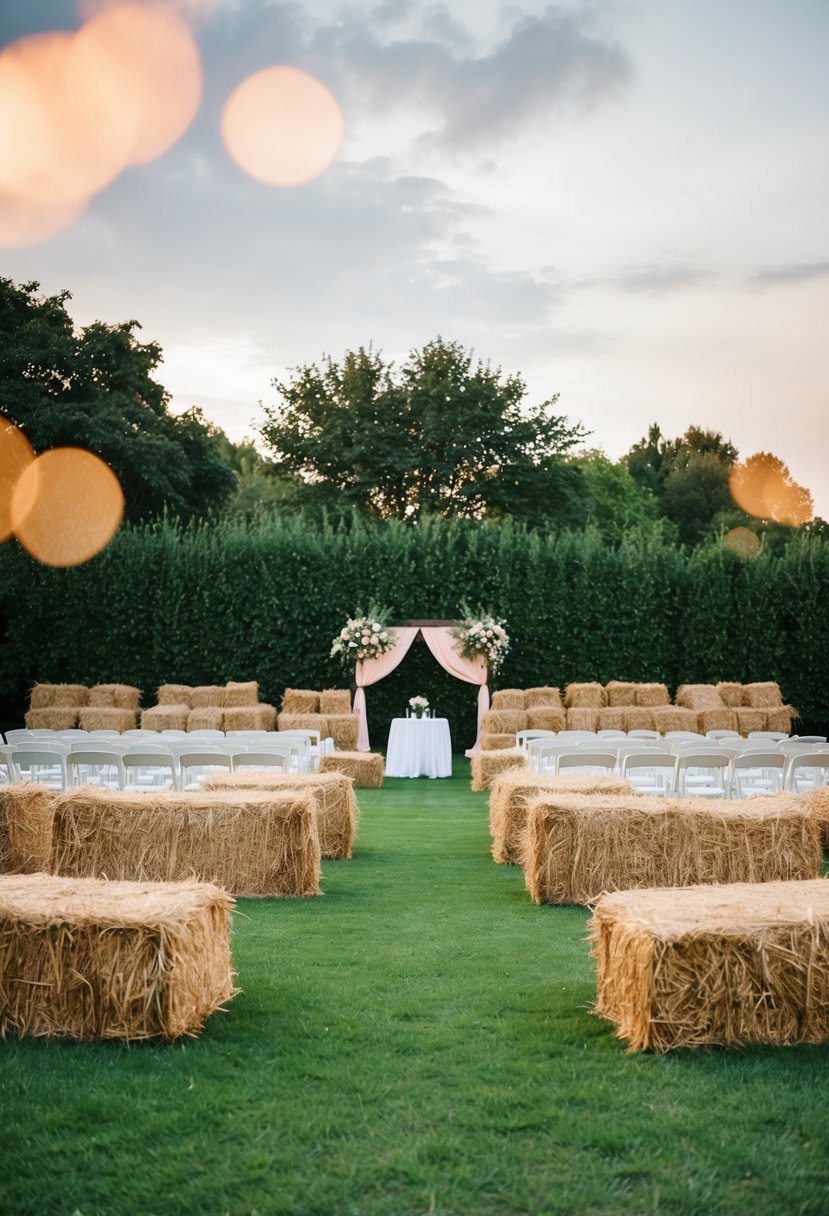 An outdoor seating area with bales of hay arranged in a romantic wedding setting